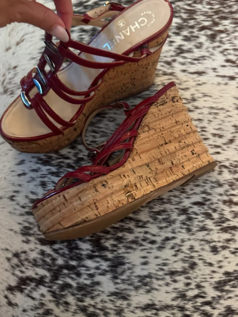 Chanel Red Patent Leather Cork Platform Wedge Gladiator Sandals 37